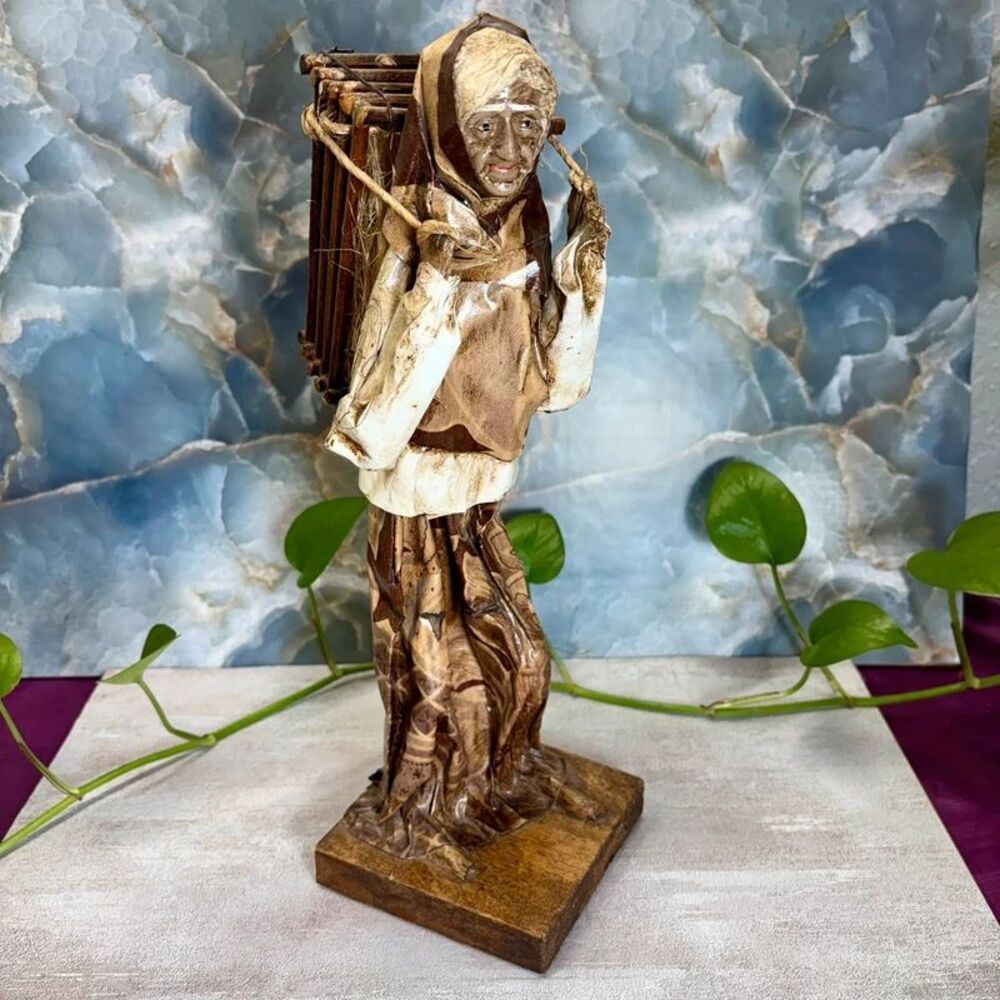 Vtg EB MR Paper Mache Mexican Folk Art Figurine Elderly Woman Wood Crate Pottery